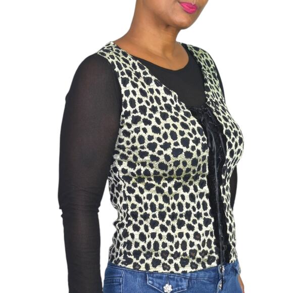 Vintage Corset Lacing Shirt Black Mesh Animal Print 90s Pullover Stretchy Medium - Picture 16 of 16